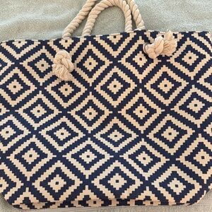 summer & rose Navy and Cream Geometric Diamond Tote with Rope Handles